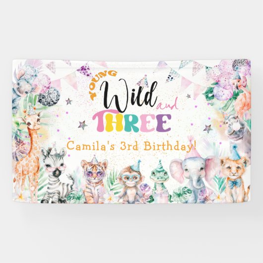 Young Wild and Three Safari Animal 3rd Birthday Spandoek (Horizontaal)