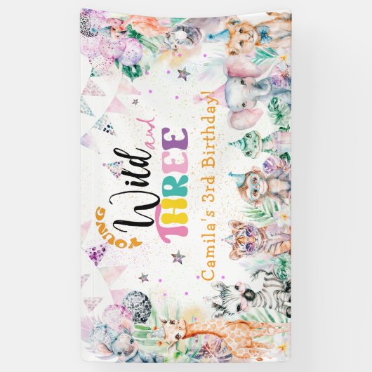 Young Wild and Three Safari Animal 3rd Birthday Spandoek (Verticaal)