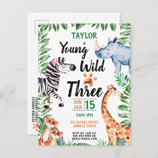 Young Wild and Three Safari Animal 3rd Birthday Uitnodiging Briefkaart (Voorkant / Achterkant)
