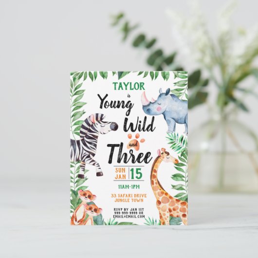 Young Wild and Three Safari Animal 3rd Birthday Uitnodiging Briefkaart (Staand voorkant)
