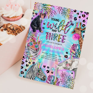 Young Wild and Three Safari Neon Cheetah Birthday Kaart