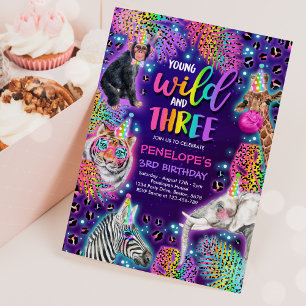 Young Wild and Three Safari Neon Cheetah Birthday Kaart