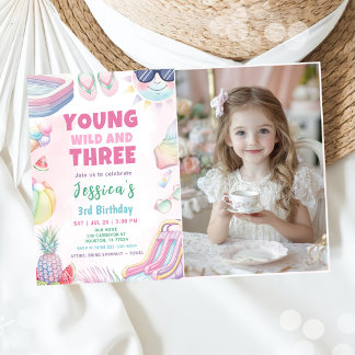 Young Wild And Three - Summer Girl Birthday Photo Kaart