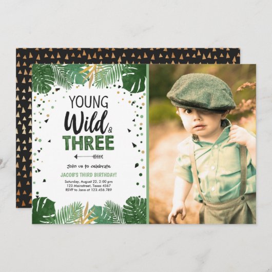 Young Wild and Three Tropical Safari Boy Birthday Kaart (Voorkant / Achterkant)