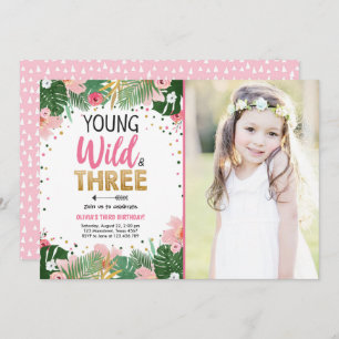 Young Wild and Three Tropical Safari Girl Birthday Kaart