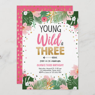 Young Wild and Three Tropical Safari Girl Birthday Kaart