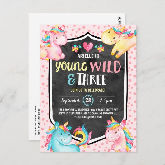 Young Wild and Three Unicorn Birthday Party Briefkaart (Voorkant / Achterkant)