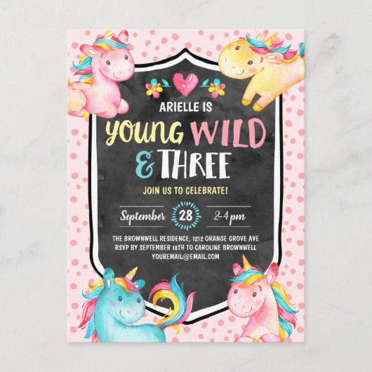 Young Wild and Three Unicorn Birthday Party Briefkaart (Voorkant)