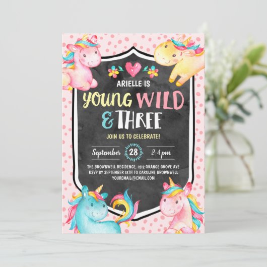 Young Wild and Three Unicorn Birthday Party Kaart (Staand voorkant)