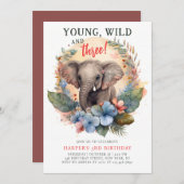 Young Wild Drie 3rd Birthday Kinder Cute Elephant Kaart (Voorkant / Achterkant)