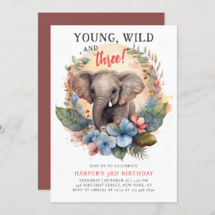 Young Wild Drie 3rd Birthday Kinder Cute Elephant Kaart