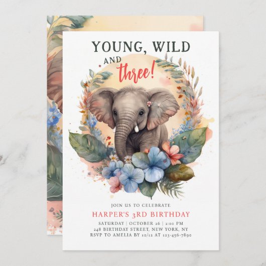 Young Wild Drie 3rd Birthday Kinder Cute Elephant Kaart (Voorkant / Achterkant)