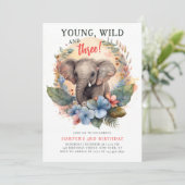 Young Wild Drie 3rd Birthday Kinder Cute Elephant Kaart (Staand voorkant)