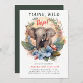 Young Wild Drie 3rd Birthday Kinder Cute Elephant Kaart (Voorkant / Achterkant)