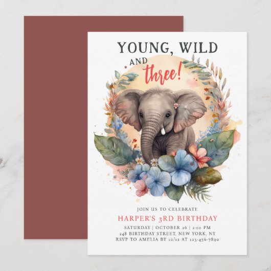 Young Wild Drie 3rd Birthday Kinder Cute Elephant Kaart (Voorkant / Achterkant)