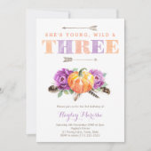 Young Wild Drie Paarse pompoen 3rd Birthday Party Kaart (Voorkant)