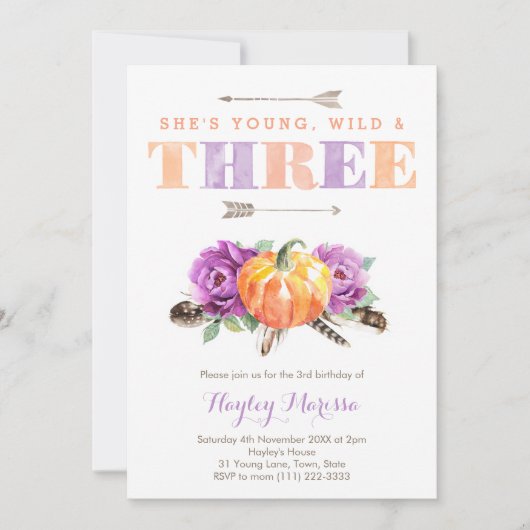 Young Wild Drie Paarse pompoen 3rd Birthday Party Kaart (Voorkant)