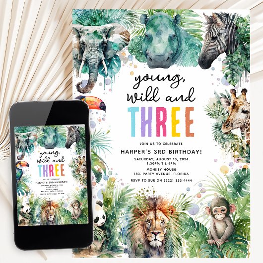 Young Wild & Drie Safari Dieren 3e Verjaardag Kaart