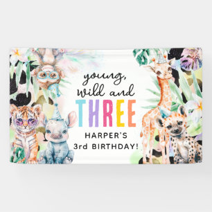 Young, Wild & Drie Safari Dieren 3e Verjaardag Spandoek