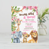 Young Wild en 3 Safari Meisjes Derde Verjaardag Kaart (Staand voorkant)