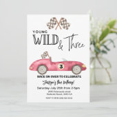 Young Wild en DRIE rode raceauto 3e verjaardag Kaart (Staand voorkant)