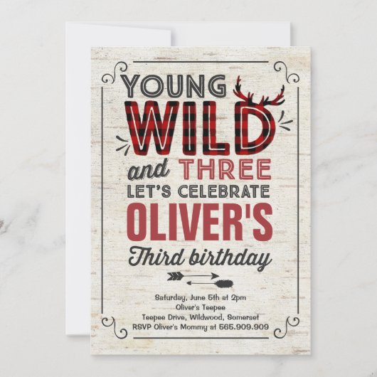 Young Wild en drie uitnodigingen rustieke houthakk (Voorkant)