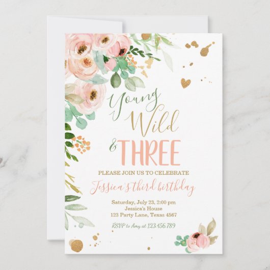 Young Wild en Drie Verjaardag nodigen Bloemen Roze Kaart (Voorkant)