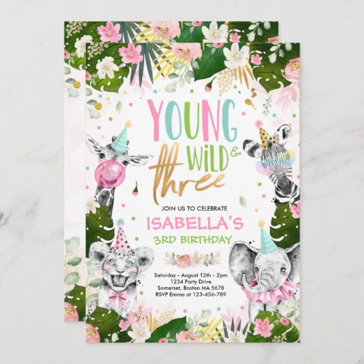 Young Wild en drie verjaardagsafari dieren feest Kaart (Voorkant / Achterkant)