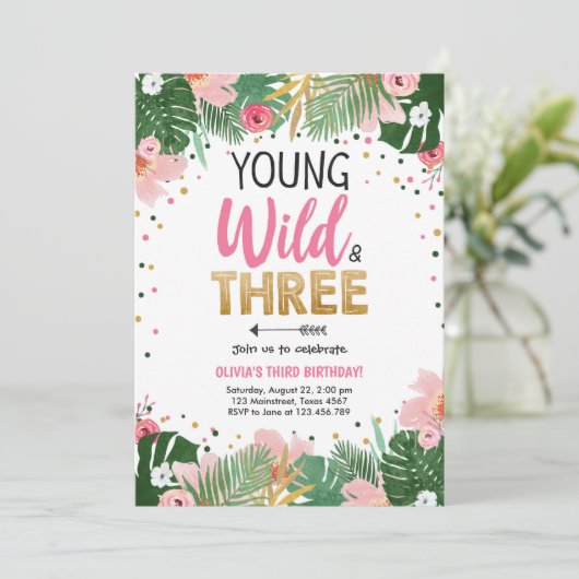 Young Wild en Drie Verjaardagsfeestje Tropisch Saf Kaart (Staand voorkant)