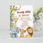 Young Wild en Three Zoo Safari Boy zijn drie jaar Kaart (Staand voorkant)