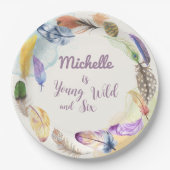 Young Wild en Waterverf Boho Feathers Papieren Bordje (Voorkant)
