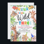 Young & Wild Jungle Safari Kids Birthday Kaart<br><div class="desc">Fun neutral safari themed birthday party uitnodiging, featuring tropical greenery, cute jungle animals (leopard, cheetah, giraffe, hedgehog and cheeky racoons), colorful confetti and a modern birthday template that is easy to customize by using the 'customize further' optie. You can choose the age in 'personalize' with images for ages 3 to...</div>