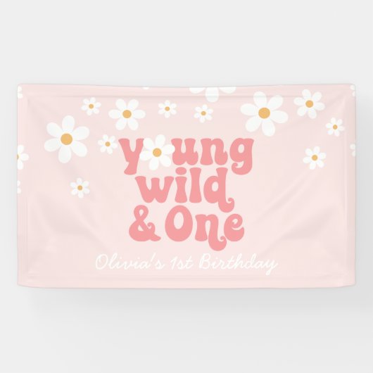 Young Wild One retro Daisy Pink verjaardagbank Spandoek (Horizontaal)
