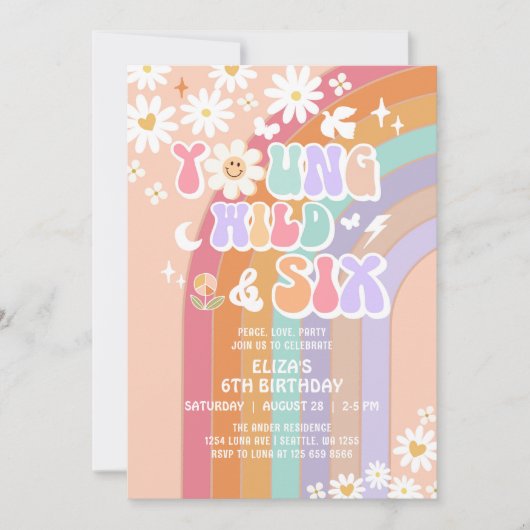 Young Wild & SIX Groovy Hippie Retro 6e verjaardag Kaart (Voorkant)