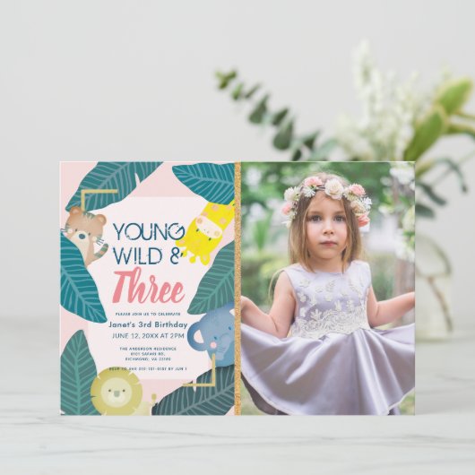 Young Wild & Three Animal Girl Foto Verjaardag Kaart (Staand voorkant)