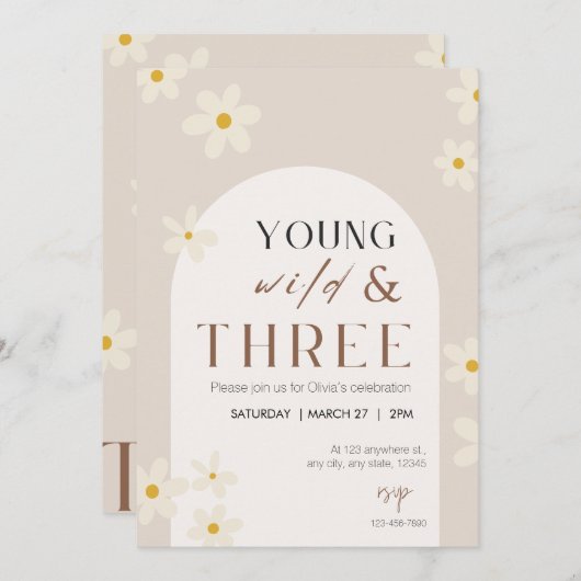 Young Wild & Three Birthday Invitation Kaart (Voorkant / Achterkant)