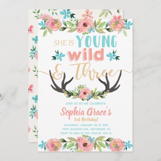 Young Wild & Three Birthday Invitation Kaart (Voorkant / Achterkant)