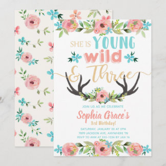 Young Wild & Three Birthday Invitation Kaart