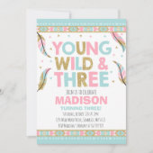 Young Wild & Three Birthday Invitation Wild Party Kaart (Voorkant)