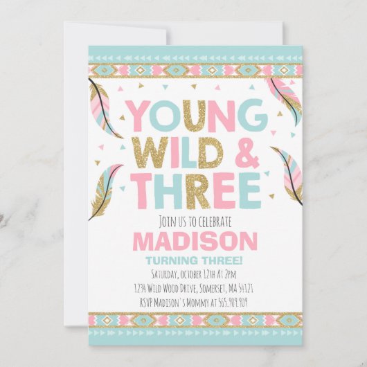 Young Wild & Three Birthday Invitation Wild Party Kaart (Voorkant)