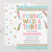 Young Wild & Three Birthday Invitation Wild Party Kaart (Voorkant / Achterkant)