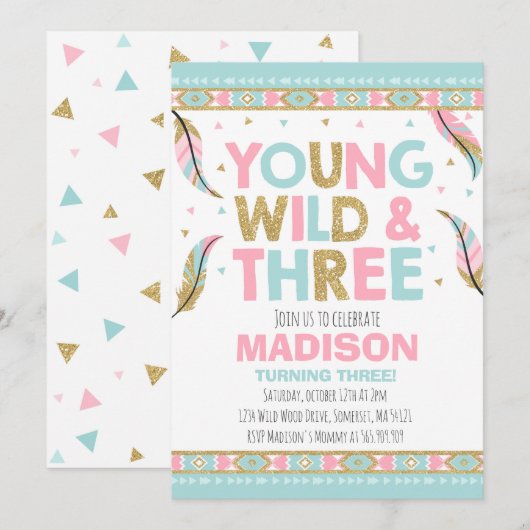 Young Wild & Three Birthday Invitation Wild Party Kaart (Voorkant / Achterkant)