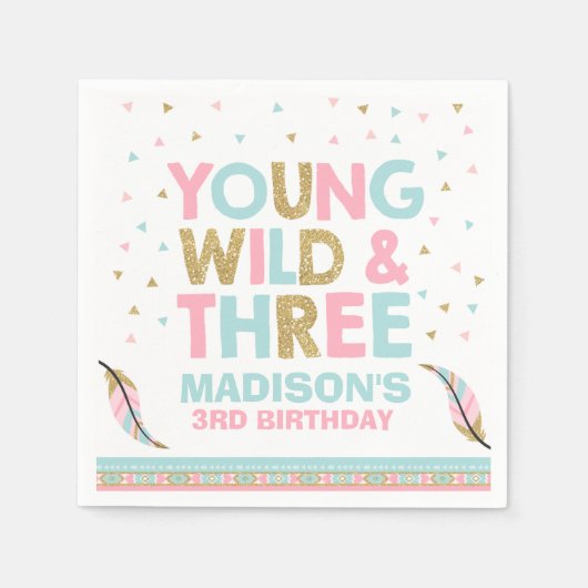 Young Wild & Three Birthday Party Napkin Pink Gold Servet (Voorkant)