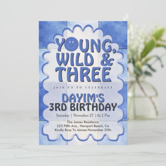 Young Wild & Three Blue Retro Boy 3rd Birthday Kaart (Staand voorkant)