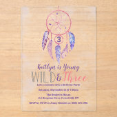 Young, Wild & Three Boho 3rd Verjaardag Acryl Uitnodigingen (Voorkant)