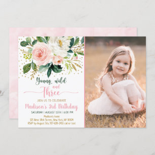 Young Wild & Three Boho Floral Pink Gold Birthday Kaart