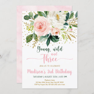 Young Wild & Three Boho Floral Pink Gold Birthday Kaart
