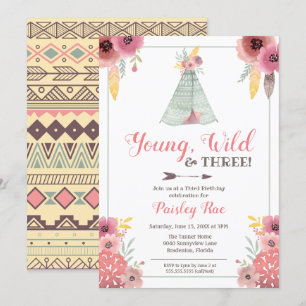 Young Wild & Three Boho Girls Third Birthday Kaart