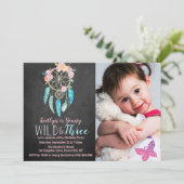 Young, Wild & Three Boho Photo Birthday Invitation Kaart (Staand voorkant)