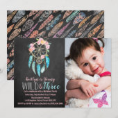 Young, Wild & Three Boho Photo Birthday Invitation Kaart (Voorkant / Achterkant)